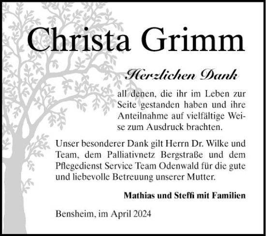 Traueranzeige von Christa Grimm von Bergsträßer Anzeiger