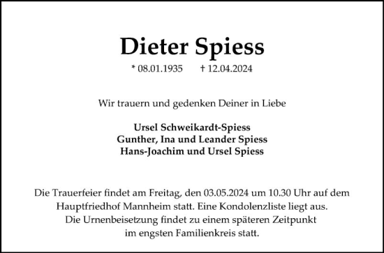 Traueranzeige von Dieter Spiess von Mannheimer Morgen