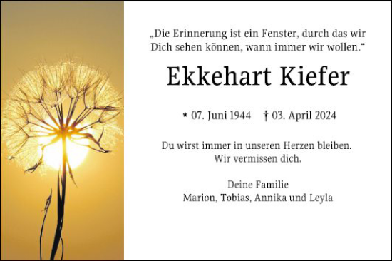 Traueranzeige von Ekkehart Kiefer von Bergsträßer Anzeiger