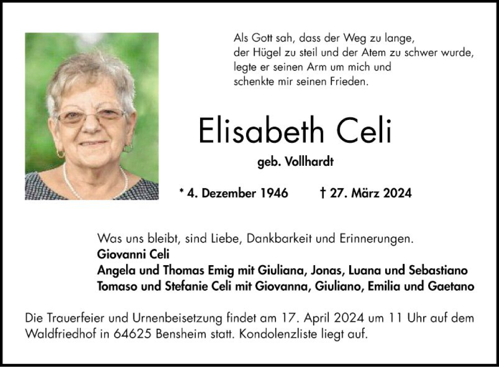  Traueranzeige für Elisabeth Celi vom 13.04.2024 aus Bergsträßer Anzeiger