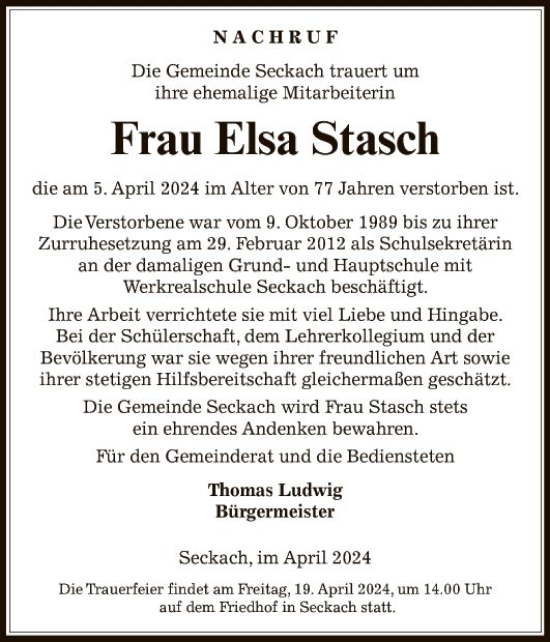 Traueranzeige von Elsa Stasch von Fränkische Nachrichten
