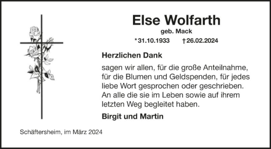 Traueranzeige von Else Wolfarth von Fränkische Nachrichten