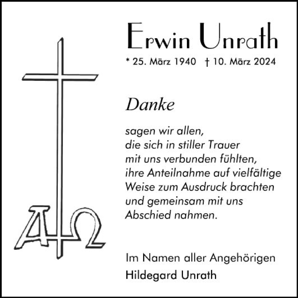  Traueranzeige für Erwin Unrath vom 20.04.2024 aus Mannheimer Morgen