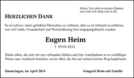 Traueranzeige von Eugen Heim von Fränkische Nachrichten