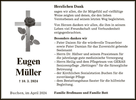 Traueranzeige von Eugen Müller von Fränkische Nachrichten