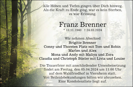 Traueranzeige von Franz Brenner von Mannheimer Morgen