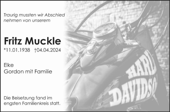 Traueranzeige von Fritz Muckle von Mannheimer Morgen