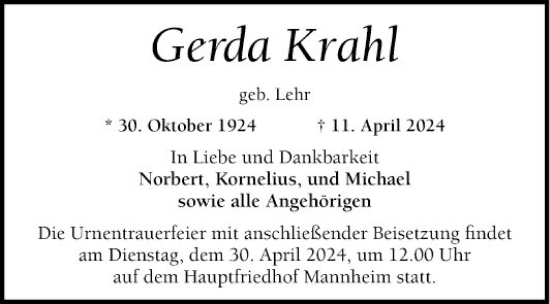 Traueranzeige von Gerda Krahl von Mannheimer Morgen