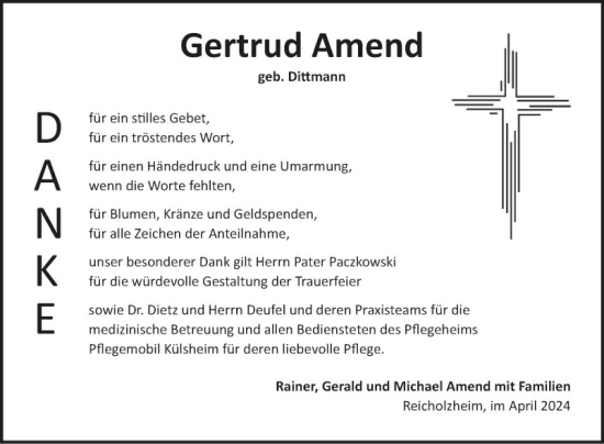 Traueranzeige von Gertrud Amend von Fränkische Nachrichten
