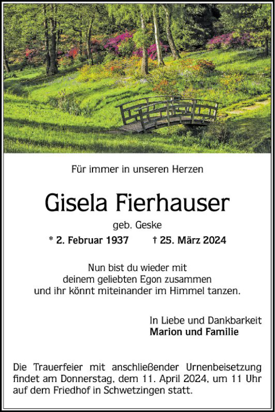 Traueranzeige von Gisela Fierhauser von Schwetzinger Zeitung