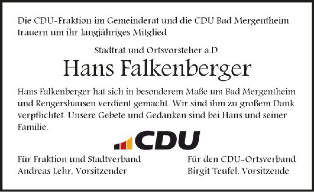  Traueranzeige für Hans Falkenberger vom 25.04.2024 aus Fränkische Nachrichten