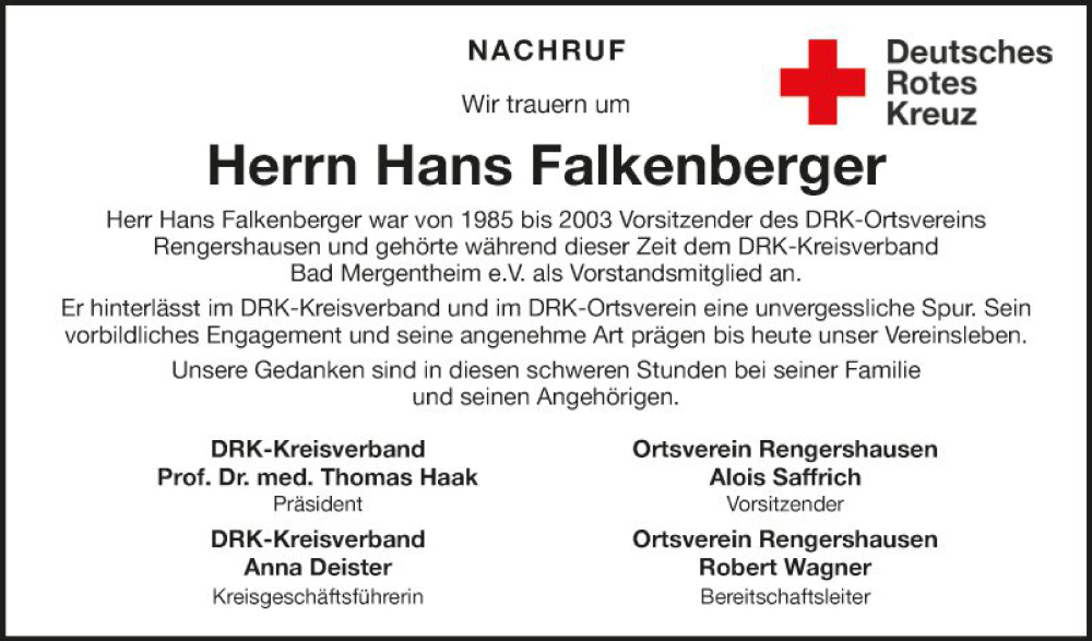  Traueranzeige für Hans Falkenberger vom 26.04.2024 aus Fränkische Nachrichten