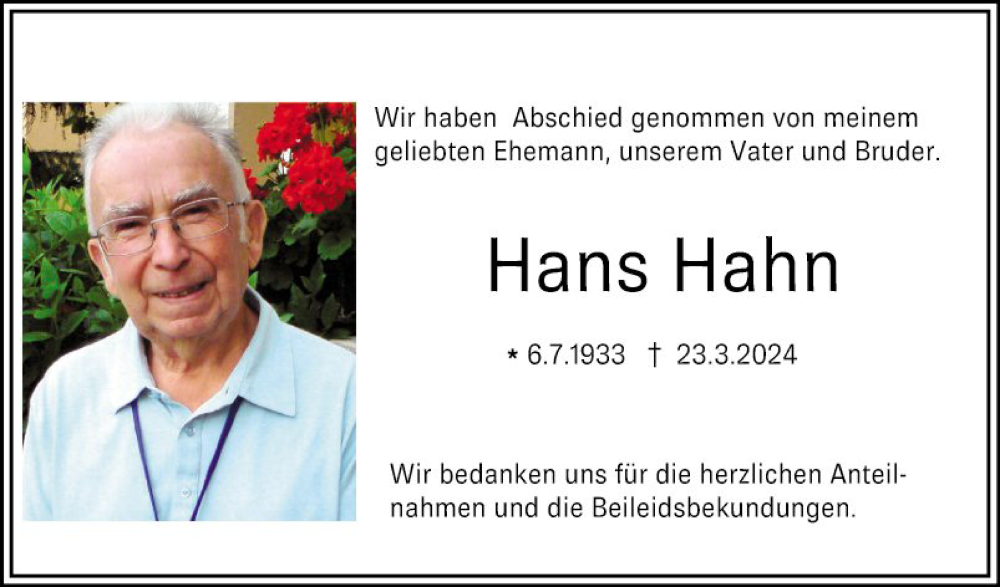  Traueranzeige für Hans Hahn vom 20.04.2024 aus Bergsträßer Anzeiger