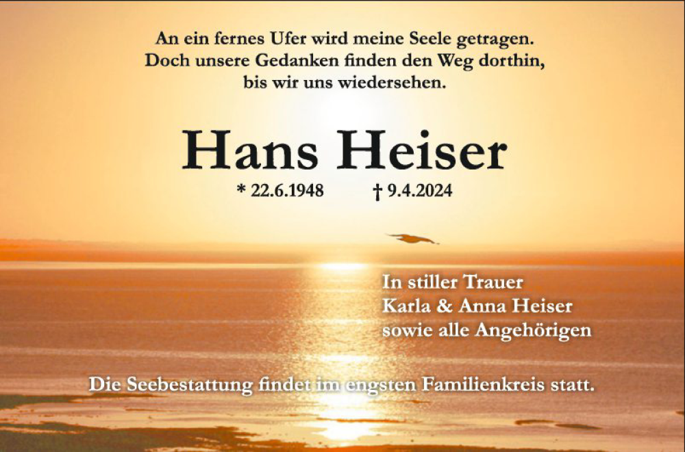  Traueranzeige für Hans Heiser vom 20.04.2024 aus Bergsträßer Anzeiger