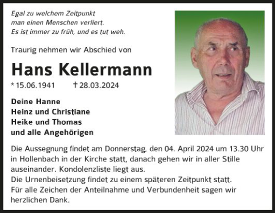 Traueranzeige von Hans Kellermann von Fränkische Nachrichten