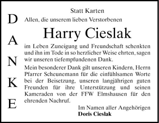 Traueranzeige von Harry Cieslak von Bergsträßer Anzeiger