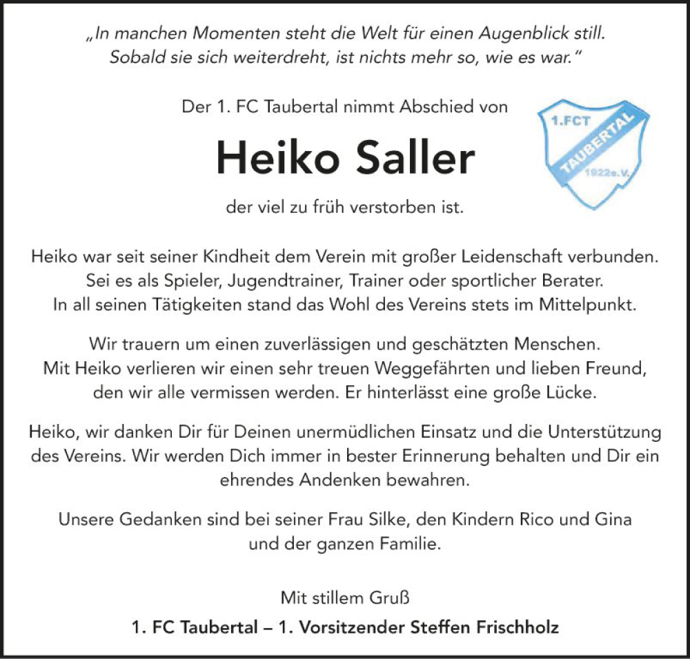  Traueranzeige für Heiko Saller vom 30.04.2024 aus Fränkische Nachrichten