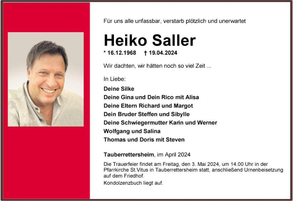  Traueranzeige für Heiko Saller vom 30.04.2024 aus Fränkische Nachrichten