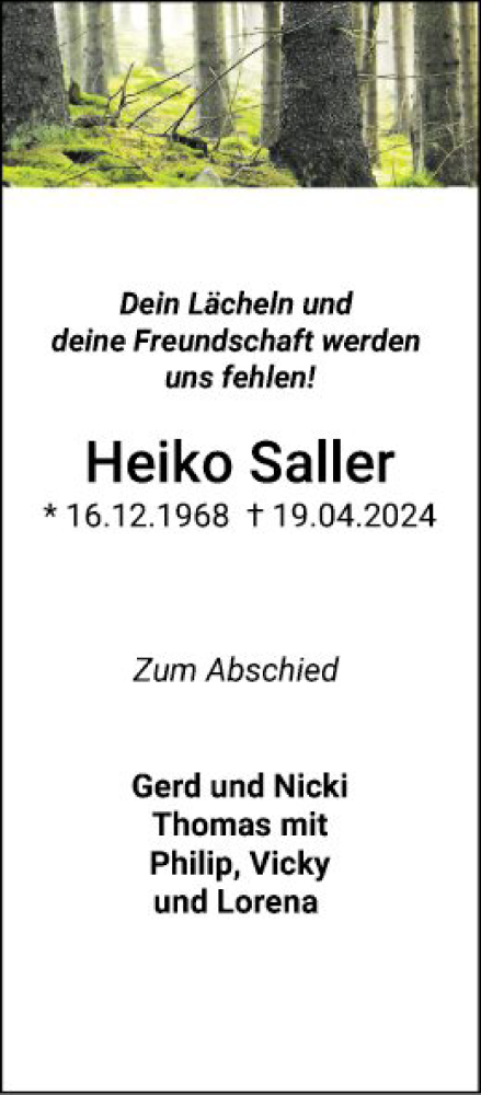  Traueranzeige für Heiko Saller vom 30.04.2024 aus Fränkische Nachrichten