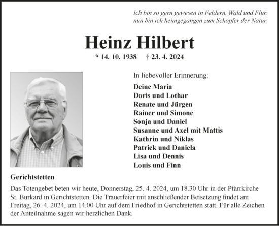 Traueranzeige von Heinz Hilbert von Fränkische Nachrichten