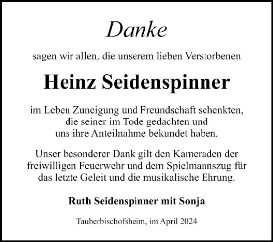 Traueranzeige von Heinz Seidenspinner von Fränkische Nachrichten