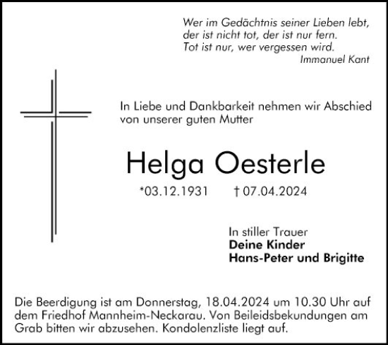 Traueranzeige von Helga Oesterle von Mannheimer Morgen