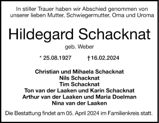 Traueranzeige von Hildegard Schacknat von Mannheimer Morgen