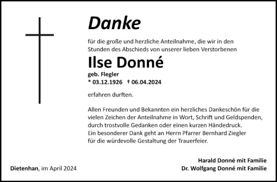 Traueranzeige von Ilse Donne von Fränkische Nachrichten