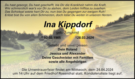 Traueranzeige von Ina Kippdorf von Mannheimer Morgen