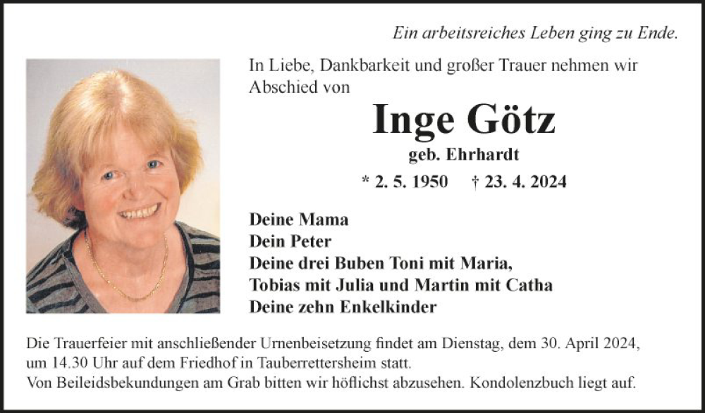  Traueranzeige für Inge Götz vom 27.04.2024 aus Fränkische Nachrichten