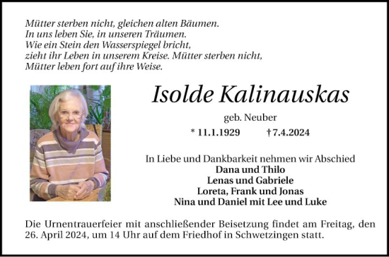 Traueranzeige von Isolde Kalinauskas von Schwetzinger Zeitung