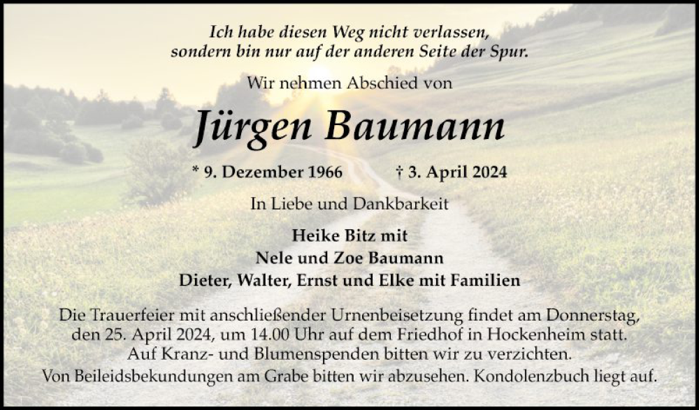  Traueranzeige für Jürgen Baumann vom 13.04.2024 aus Schwetzinger Zeitung