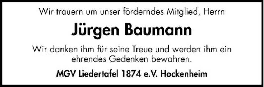  Traueranzeige für Jürgen Baumann vom 13.04.2024 aus Schwetzinger Zeitung