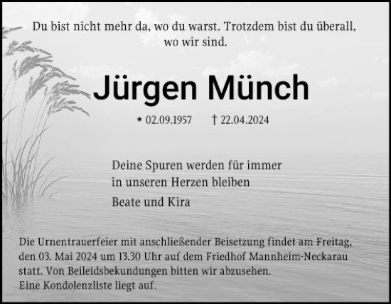 Traueranzeige von Jürgen Münch von Mannheimer Morgen