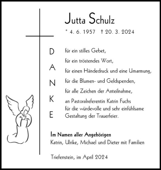 Traueranzeige von Jutta Schulz von Fränkische Nachrichten