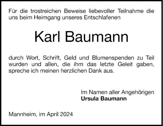 Traueranzeige von Karl Baumann von Mannheimer Morgen