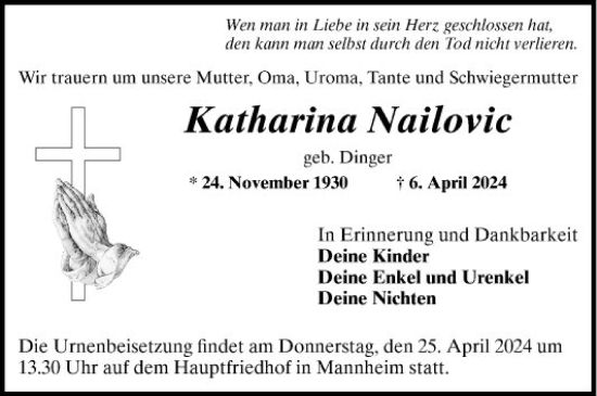 Traueranzeige von Katharina Nailovic von Mannheimer Morgen
