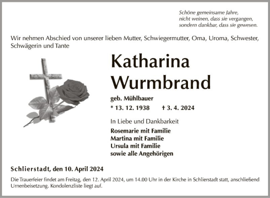 Traueranzeige von Katharina Wurmbrand von Fränkische Nachrichten
