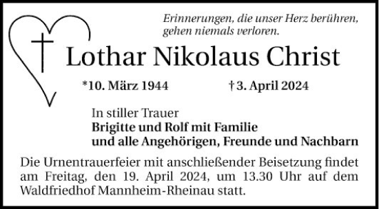 Traueranzeige von Lothar Nikolaus Christ von Mannheimer Morgen