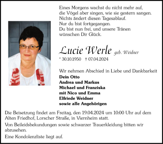 Traueranzeige von Lucie Werle von Mannheimer Morgen