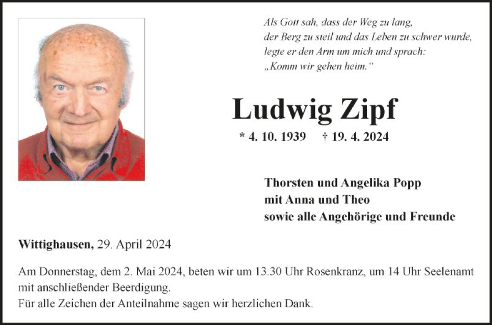  Traueranzeige für Ludwig Zipf vom 29.04.2024 aus Fränkische Nachrichten