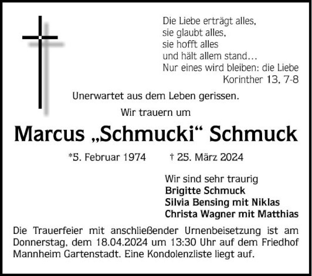  Traueranzeige für Marcus Schmuck vom 13.04.2024 aus Mannheimer Morgen