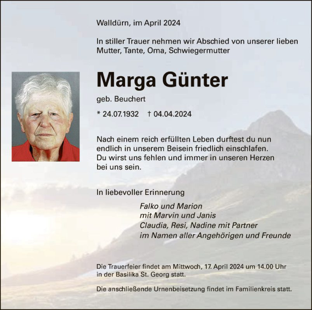  Traueranzeige für Marga Günter vom 13.04.2024 aus Fränkische Nachrichten