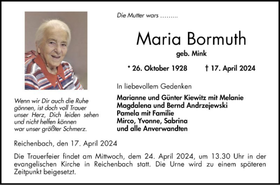 Traueranzeige von Maria Bormuth von Bergsträßer Anzeiger