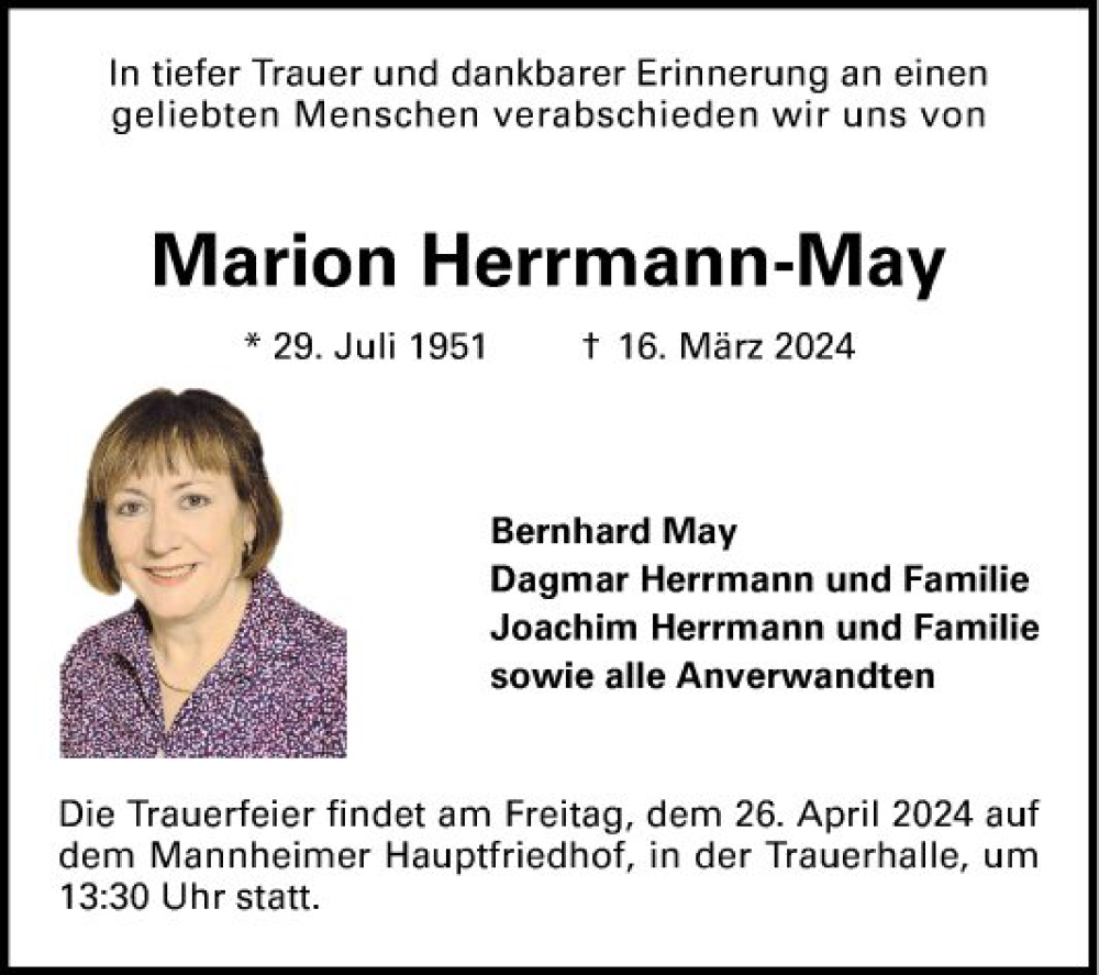  Traueranzeige für Marion Herrmann-May vom 13.04.2024 aus Mannheimer Morgen