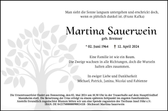 Traueranzeige von Martina Sauerwein von Mannheimer Morgen