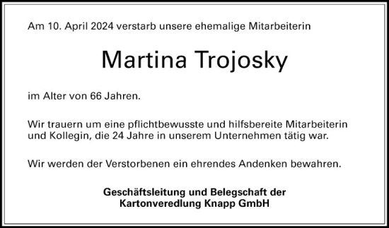 Traueranzeige von Martina Trojosky von Schwetzinger Zeitung