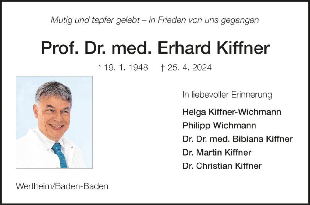  Traueranzeige für med. Erhard Kiffner vom 30.04.2024 aus Fränkische Nachrichten