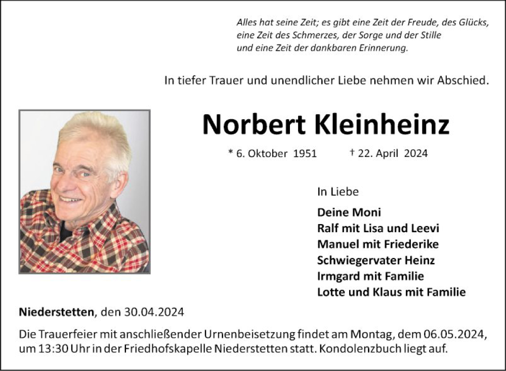  Traueranzeige für Norbert Kleinheinz vom 30.04.2024 aus Fränkische Nachrichten