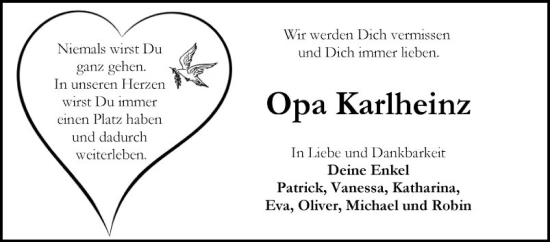 Traueranzeige von Opa Karlheinz von Fränkische Nachrichten